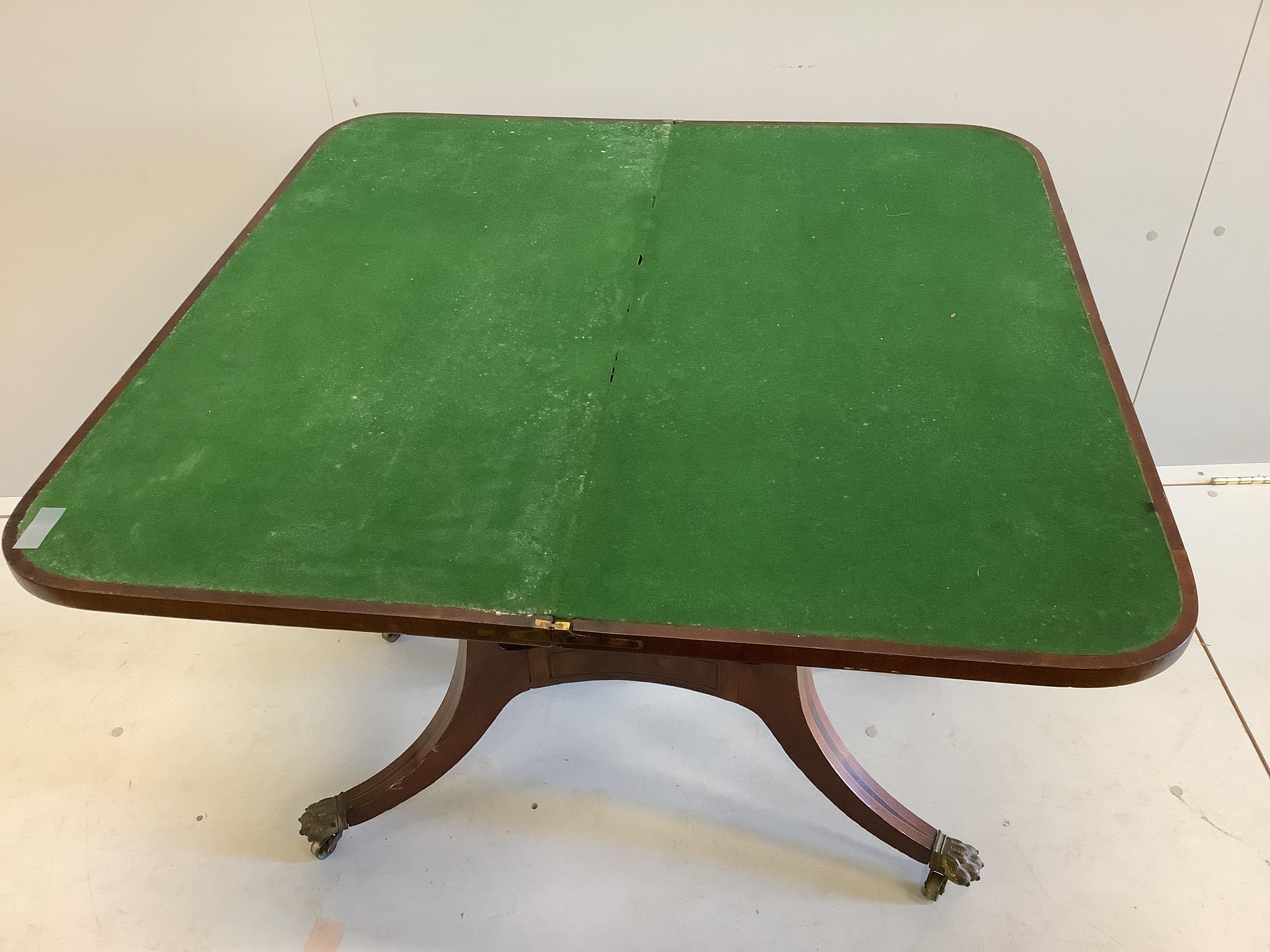 A Regency inlaid rosewood banded mahogany folding card table, width 89cm, depth 44cm, height 73cm